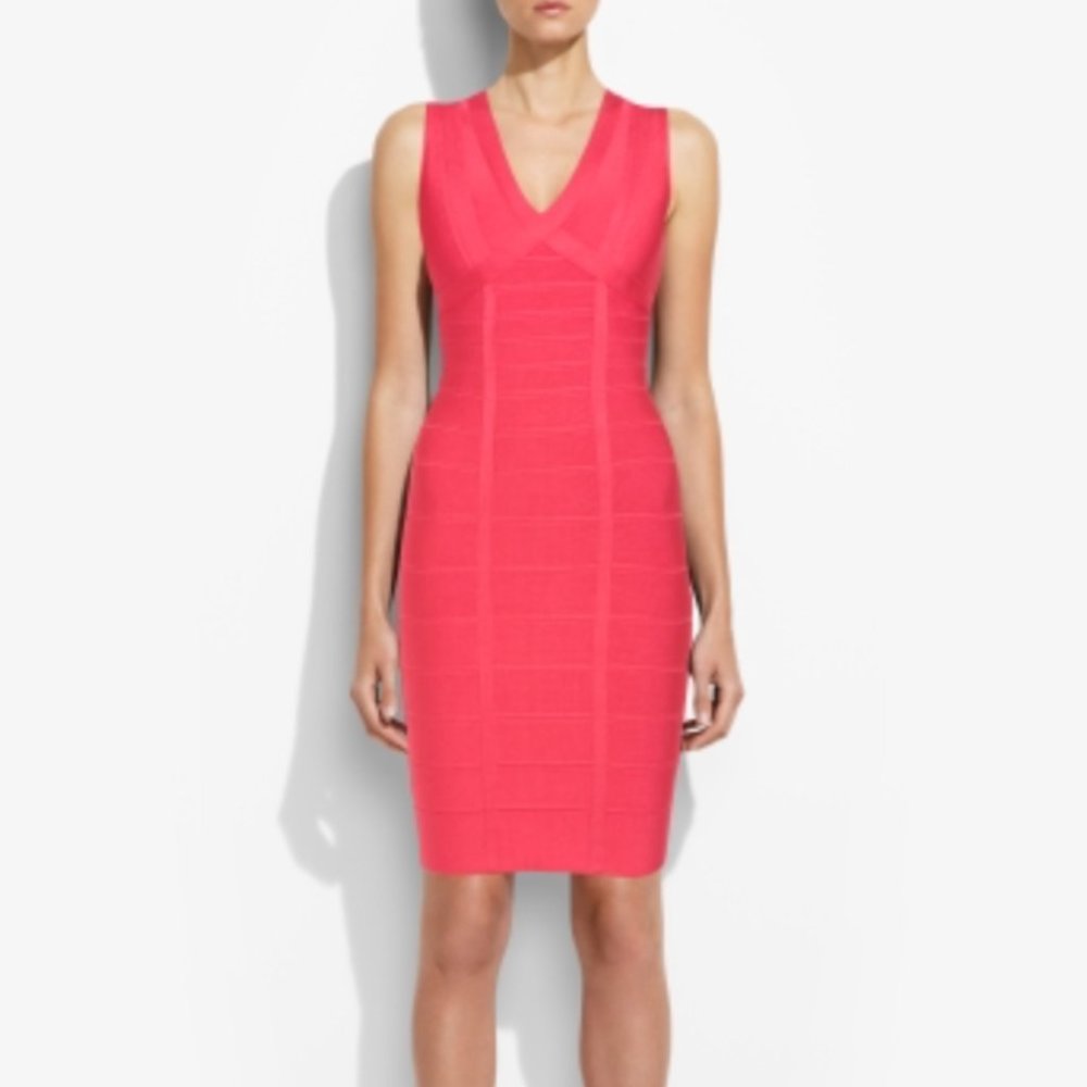 Herve Leger Rose Pink Bandage Sleeveless V-Neck Dress